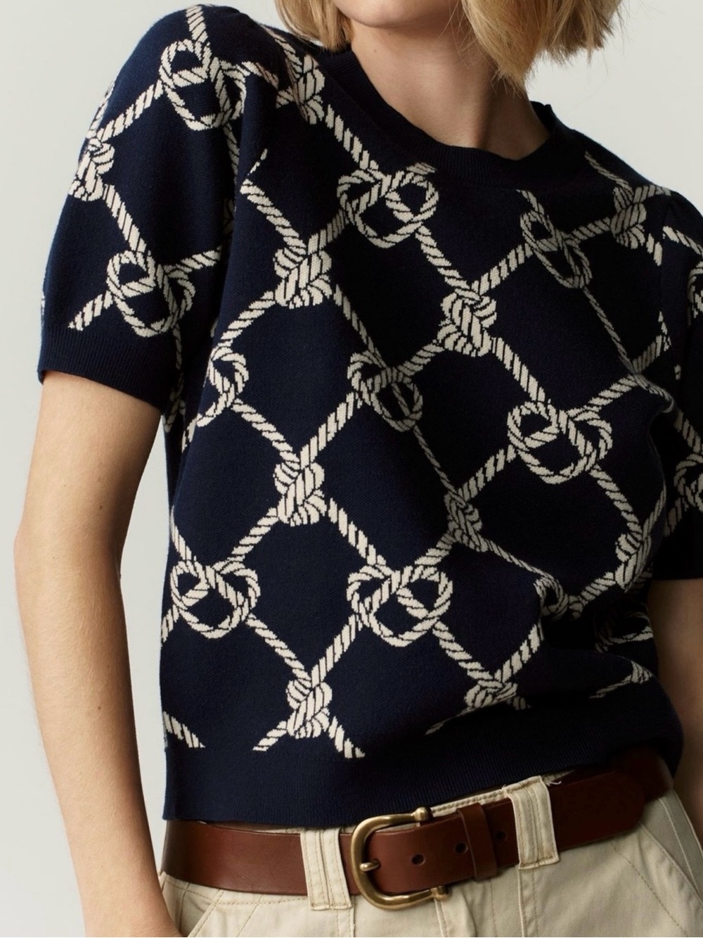 Maeve Navy Rope-Pattern Puff-Sleeve Sweater Tee